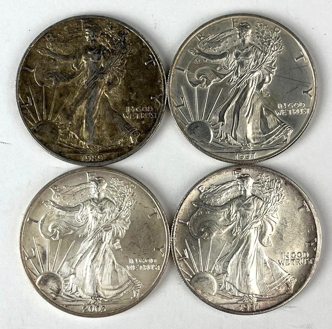 Group of 4 US $1 American Silver Eagles 1 oz Fine Silver Coins: Group of 4 US $1 American Silver Eagles 1 oz Fine Silver Coins