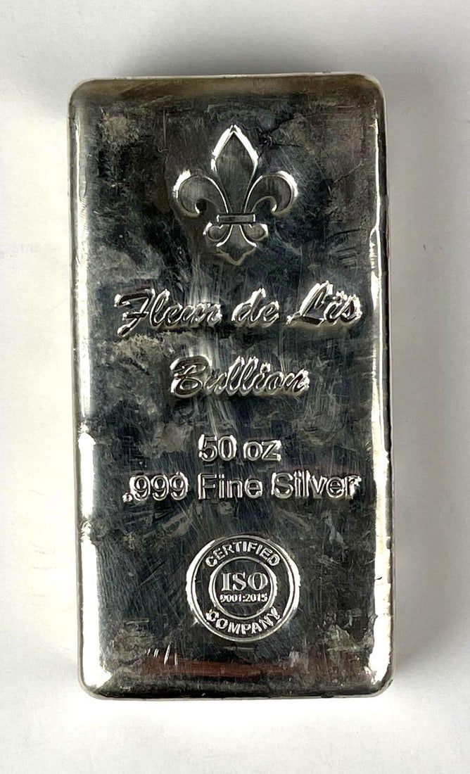 Fleur de Lis 50 oz .999 Fine Silver Ingot/ Bar: Fleur de Lis 50 oz .999 Fine Silver Ingot/ Bar