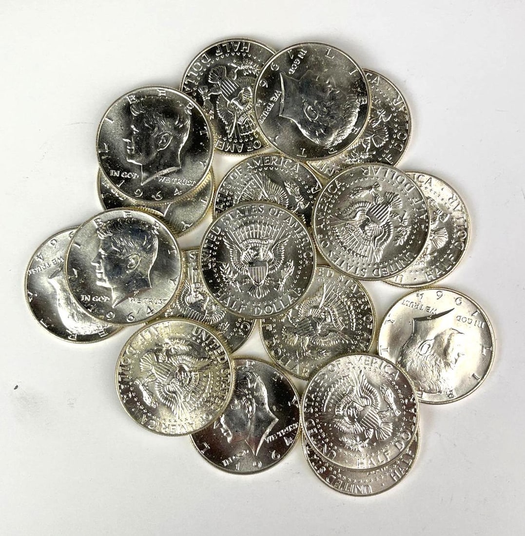 Group of 18 1964 US Kennedy 90% Silver Half Dollars (1 of 2)