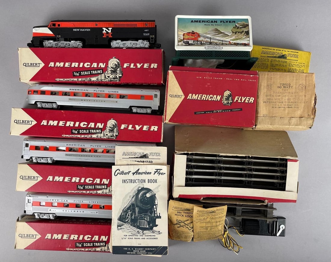 Group of American Flyer S Scale Train Cars and Accessories: Includes New Haven 497 diesel locomotive, streamline passenger cars, tracks