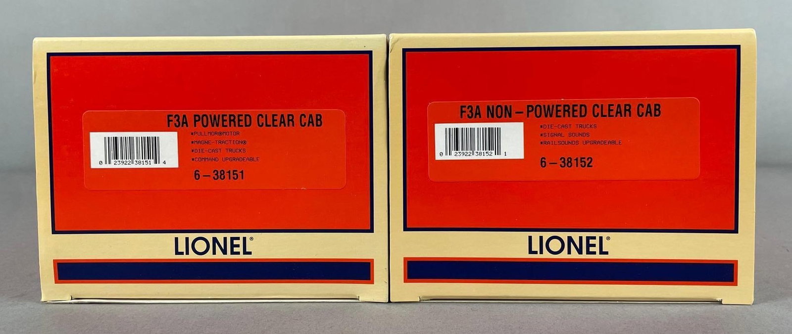 Lionel O Scale F3A Powered / Non-Powered Clear Cab Diesel Locomotive Set: New in original packaging, 6-38151, 6-38152, includes original shipping box and bags