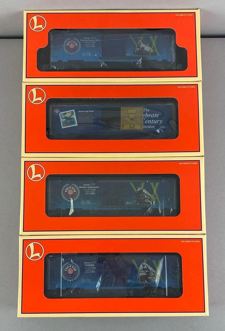 Group or 4 Lionel O Scale Commemorative Train Box Cars: Like new in original boxes, each car measures 10 1/2 inches L