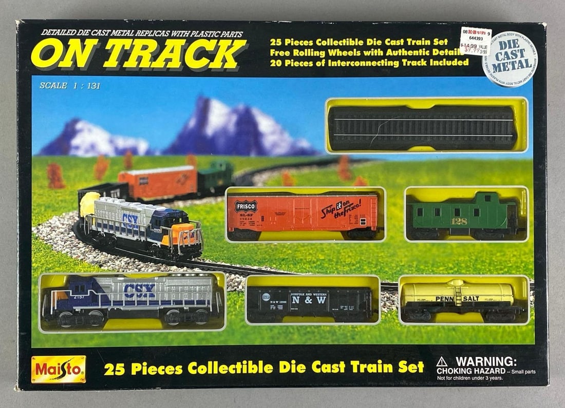 Maisto On Track 25 Piece Die-Cast Train Set: 1/131 scale, untested in original box, box measures 11 inches H x 15 1/2 inches W x 1 1/2 inches D