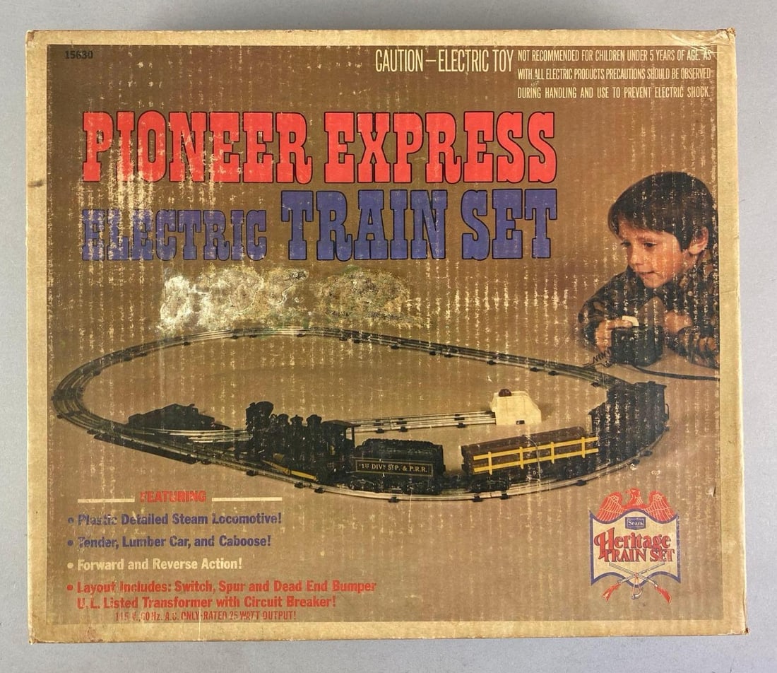 Vintage Marx Sears O Scale Heritage Pioneer Express Electric Train Set: Untested un original, incomplete set, box measures 14 1/2 inches H x 17 inches W x 3 1/2 inches D