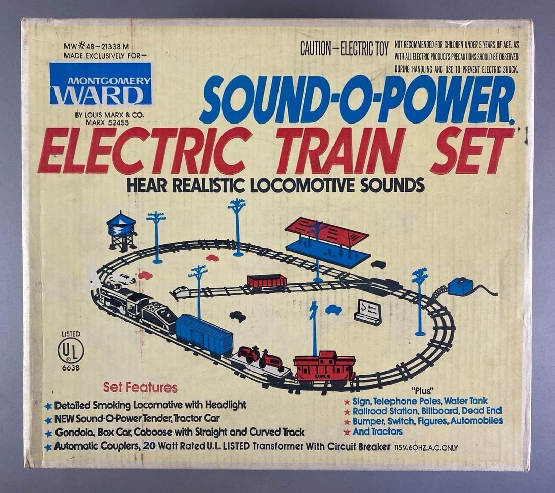 Vintage Marx Montgomery O Scale Wars Sound-O-Power Electric Train Set: untested in original box, box measures 16 inches H x 17 1/2 inches W x 7 1/2 inches D