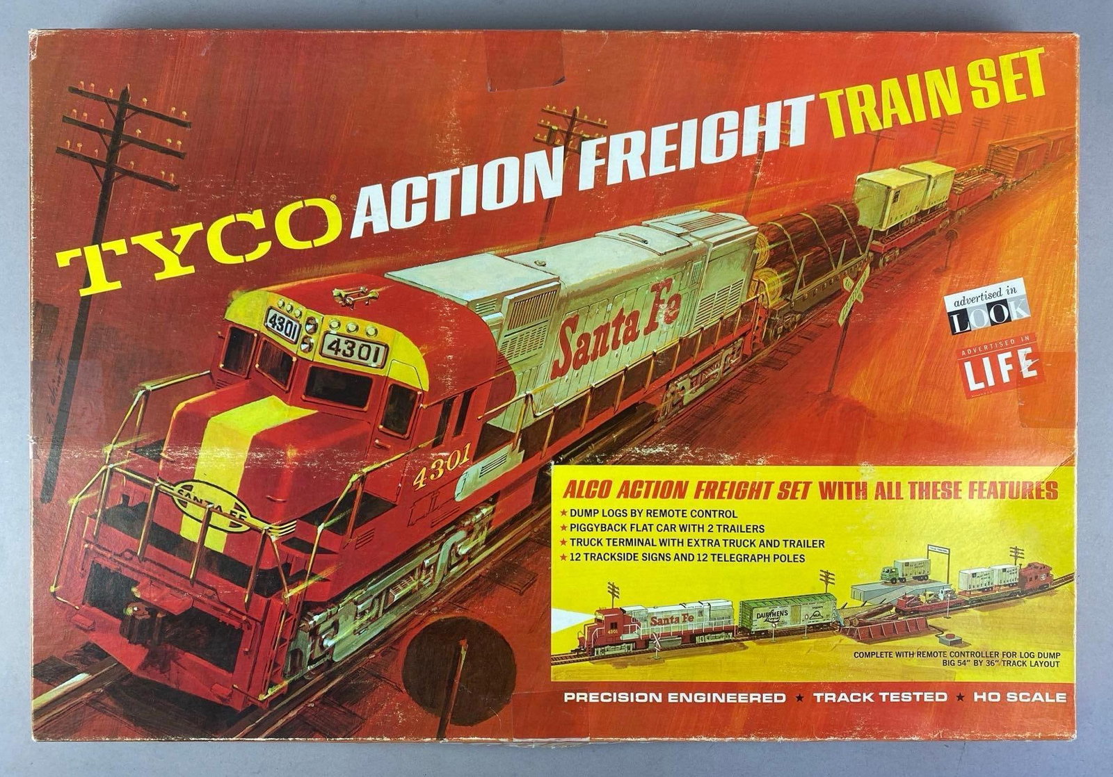 TYCO HO Scale Action Freight Train Set: Untested in original box, complete set, box measures 17 1/2 inches H x 25 3/4 inches W x 1 1/2 inches D
