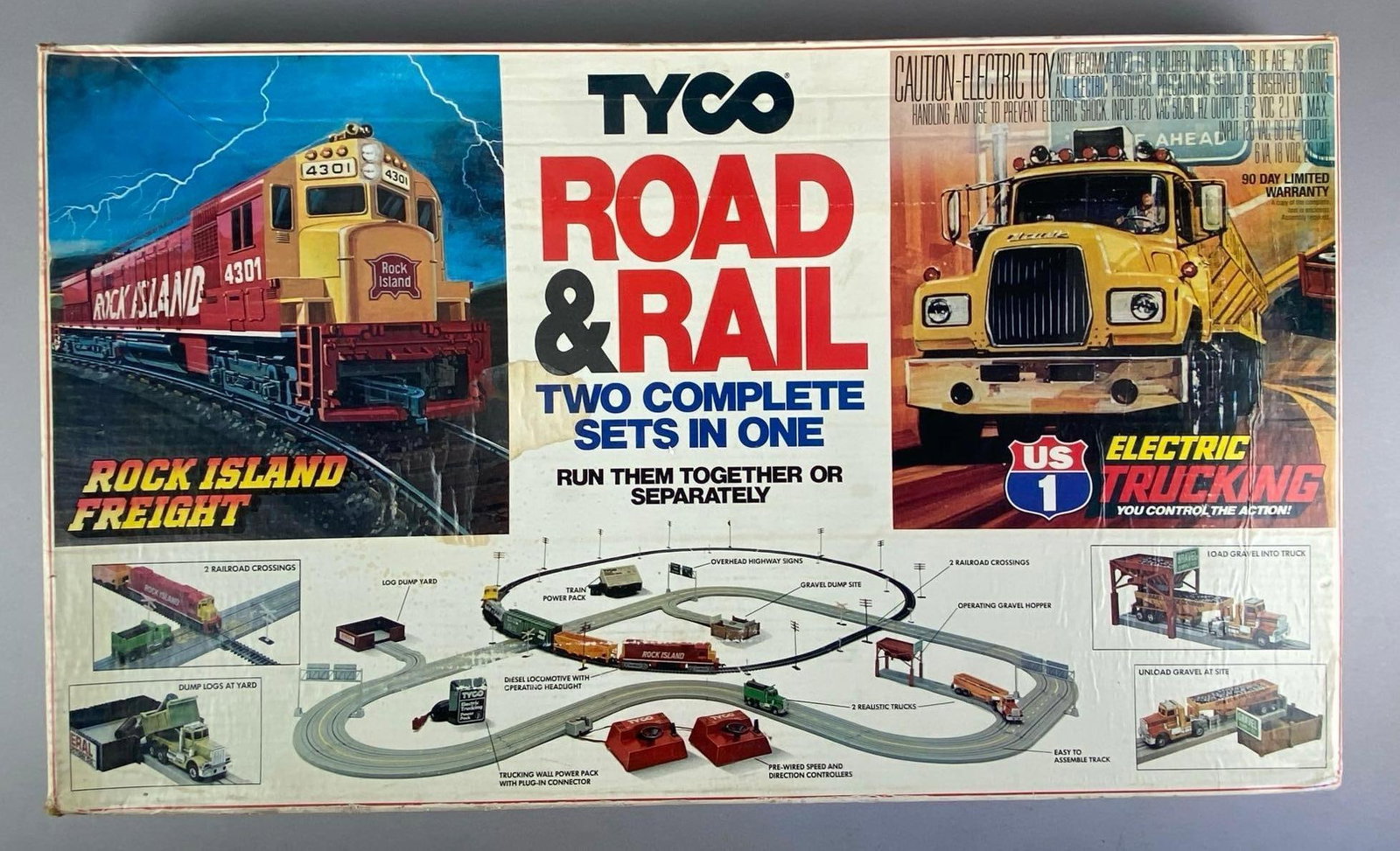 1981 TYCO HO Scale Road and Rail Dual Train Set: Untested in original box, set seems complete, shelf wear shown, box measures 19 inches H x 32 inches W x 2 1/2 inches D