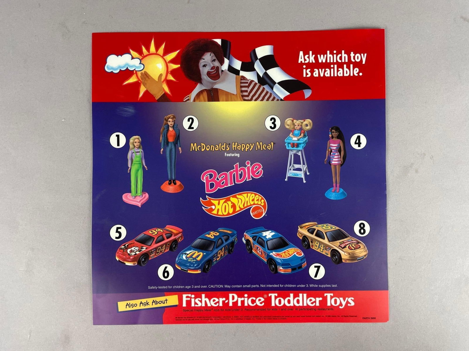 1998 McDonalds Happy Meal Barbie Hot Wheels Advertising Plastic Sign (1 of 2)