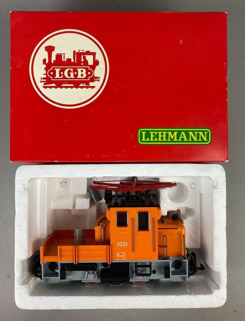 LGB 2033 G Scale Schoema Electric Track Maintenance Locomotive: Like new in original packaging. Made in west Germany. Packaging measures H 6 x W 9 x L 13 inches.