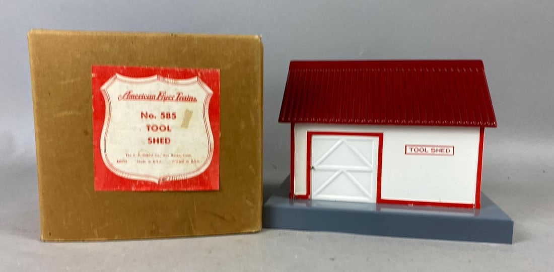 Post War 1940s American Flyer No. 585 Tool Shed S Gauge Train Building: Like new in original packaging. Measures H 5 1/2 x W 6 x L 7 1/2 inches.