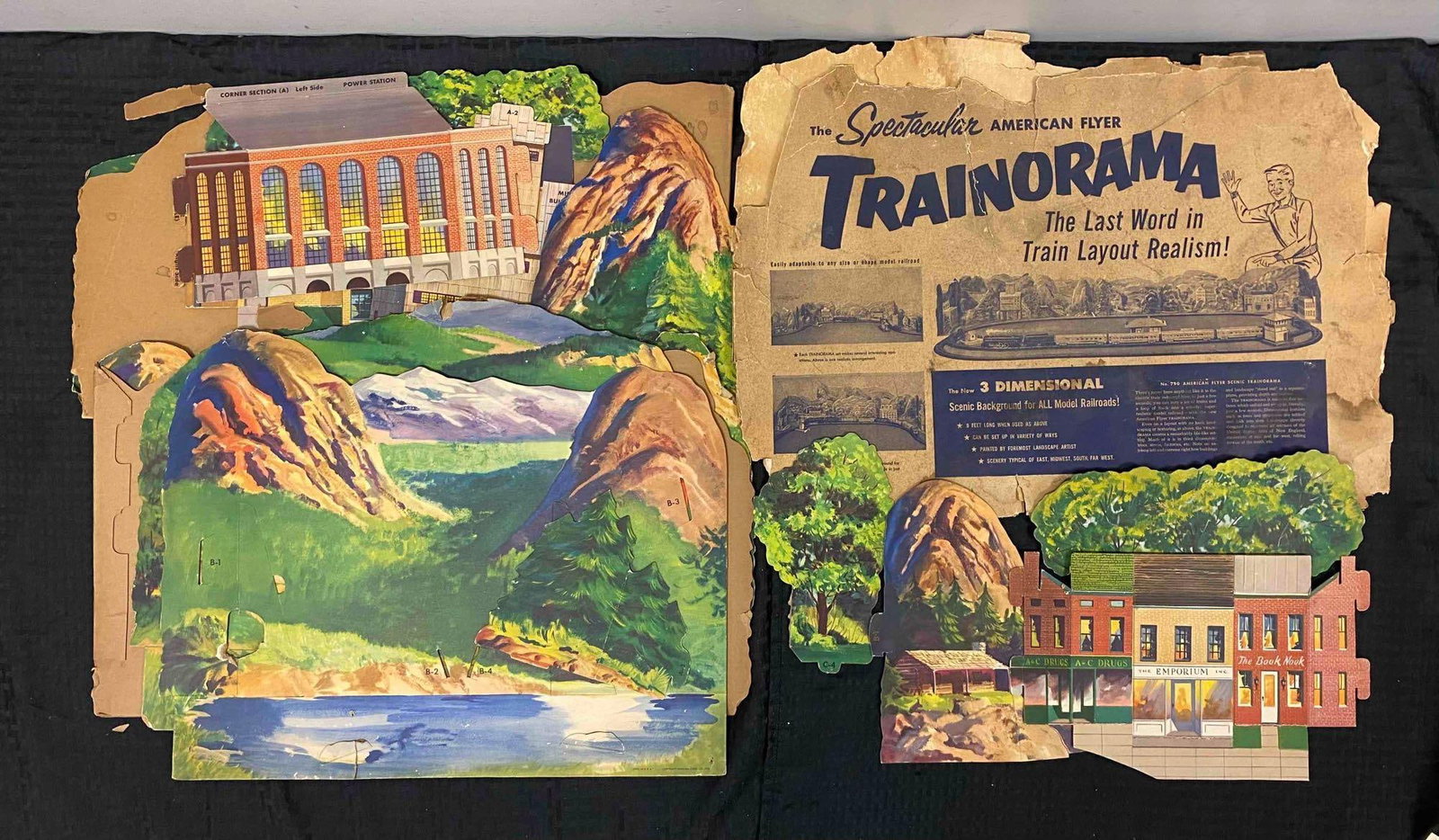 Vintage 1953 American Flyer No. 790 Scenic Trainorama Cardstock Display: Has rips and tears throughout. Display pieces measures 9 foot long when put together. Unknown completion.