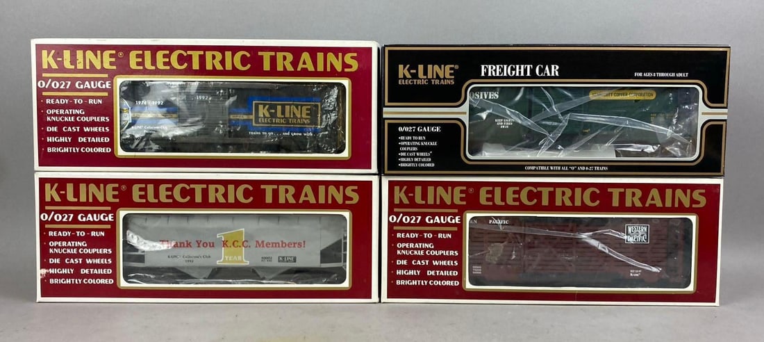 Group of 4 K-Line Electric Trains O/O27 Gauge Train Cars: Like new in original packaging. Largest measures 10 inches long.