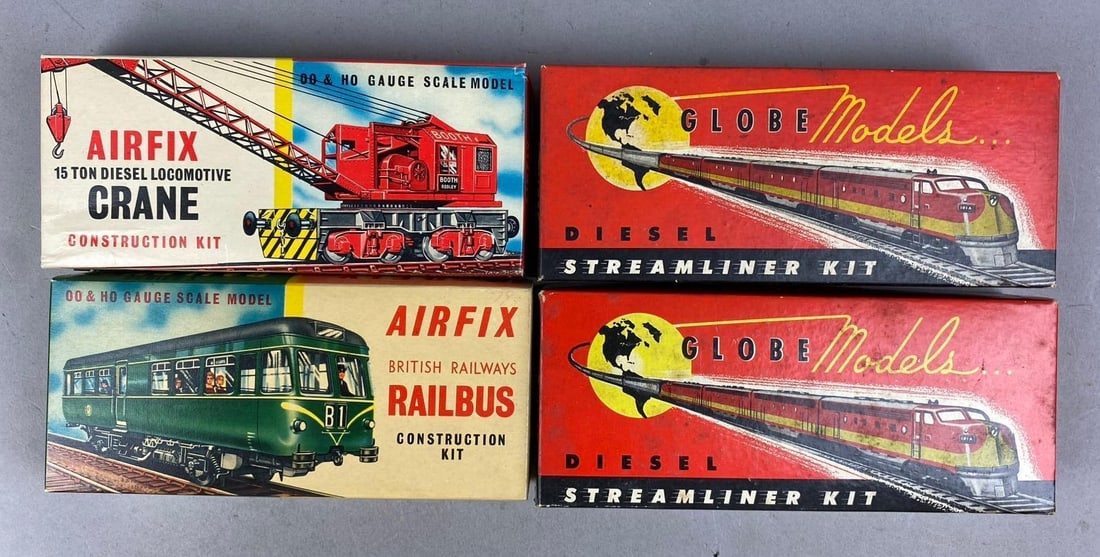 Group of 4 Vintage HO Scale Non Powered Locomotive Kits and More: Includes Airfix crane and rail bus. Largest measures 8 inches in length.