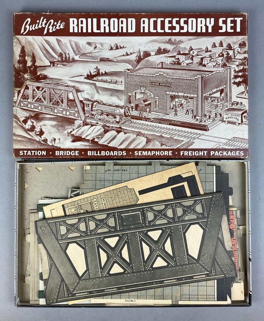 Vintage 1950s Built-Rite Railroad Accessory Set: Like new in original packaging. H 1 x W 11 x L 17 inches.
