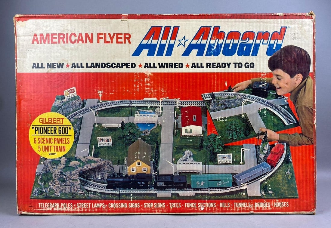 Vintage 1965 American Flyer Gilbert Pioneer 600 All Aboard S Scale Train Set: New old stock. Packaging has rips and tears throughout. Packaging measures H 16 x W 10 x L 26 inches.