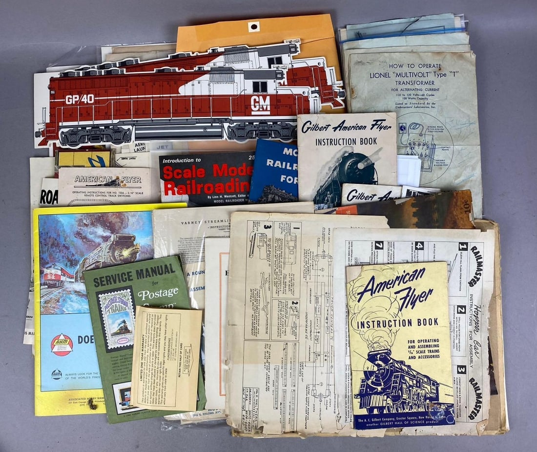 Group of 30+ Lionel Trains/ American Flyer Model Trains Instruction Books and More: Includes blueprints, instructions, and more. Largest measures 12 inches long.