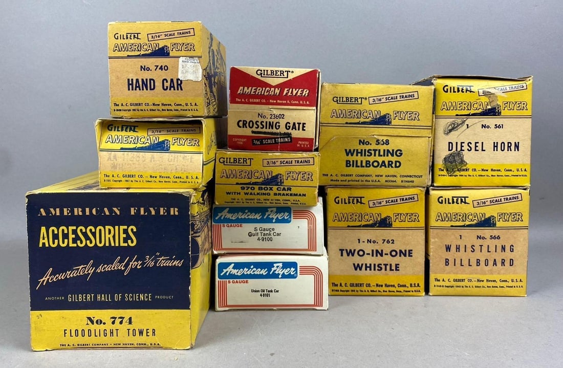 Group of 11 1950s American Flyer Gilbert S Scale Train Cars and More: Like new in original packaging. Largest measures 8 inches long.
