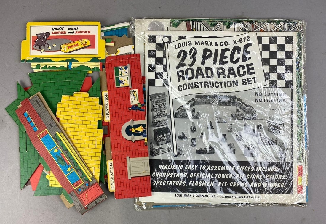 Vintage 1950s Marx 23 Piece Road Race Construction Set and More: Includes more display pieces. Largest measures L 10 x W 10 inches.