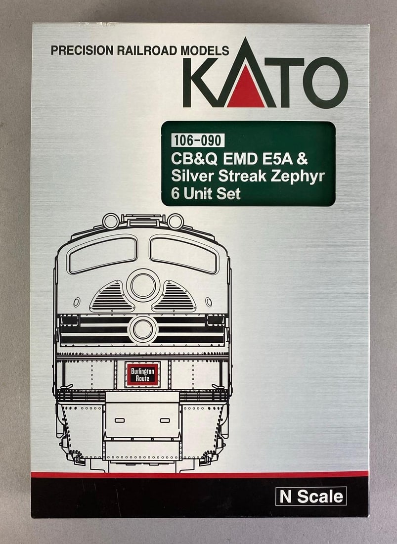KATO N Scale Burlington Route Silver Streak 6 Unit Train Set: untested, like new in original box, box measures 12 1/2 inches H x 8 1/2 inches W