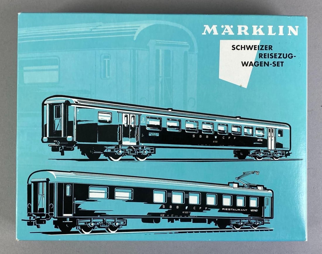 Marklin N Scale Swiss Railways Passenger Car Set: like new in original box, box measures 8 1/2 inches H x 11 inches W