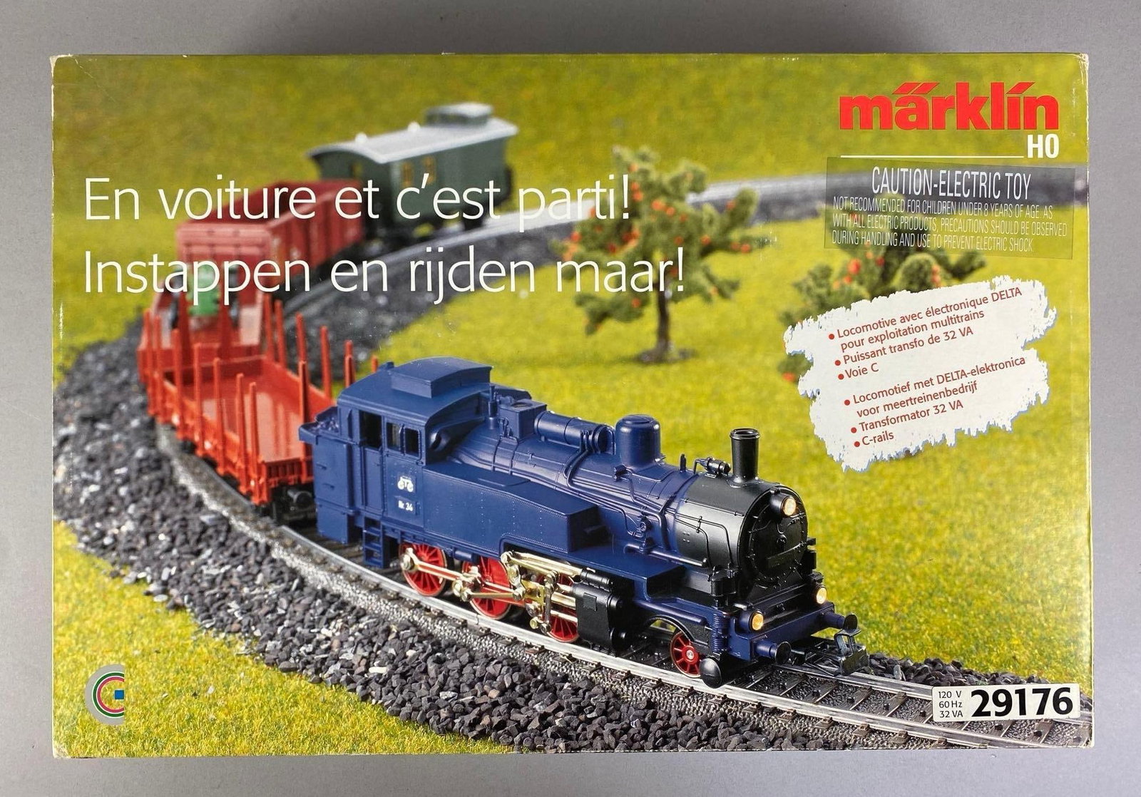 Marklin HO Scale Train Starter Set: Untested in original box, includes locomotive, track lengths, box cars and more, box measures 13 1/2 inches H x 20 inches W x 4 inches D