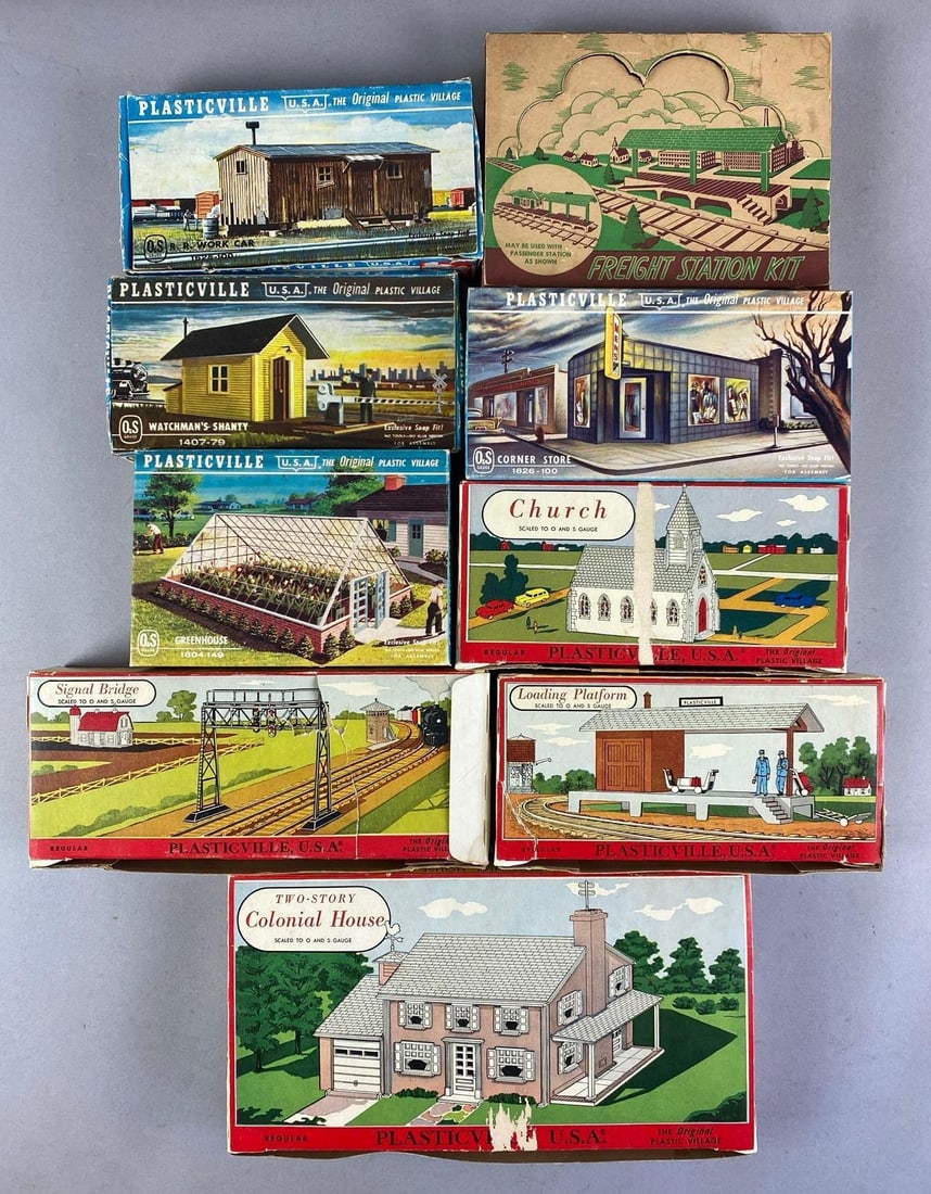 Group of 9 Vintage Plasticville O/S Scale Plastic Building Model Kits: sets seem complete, Includes church, signal bridge, loading platform and more, some shelf wear