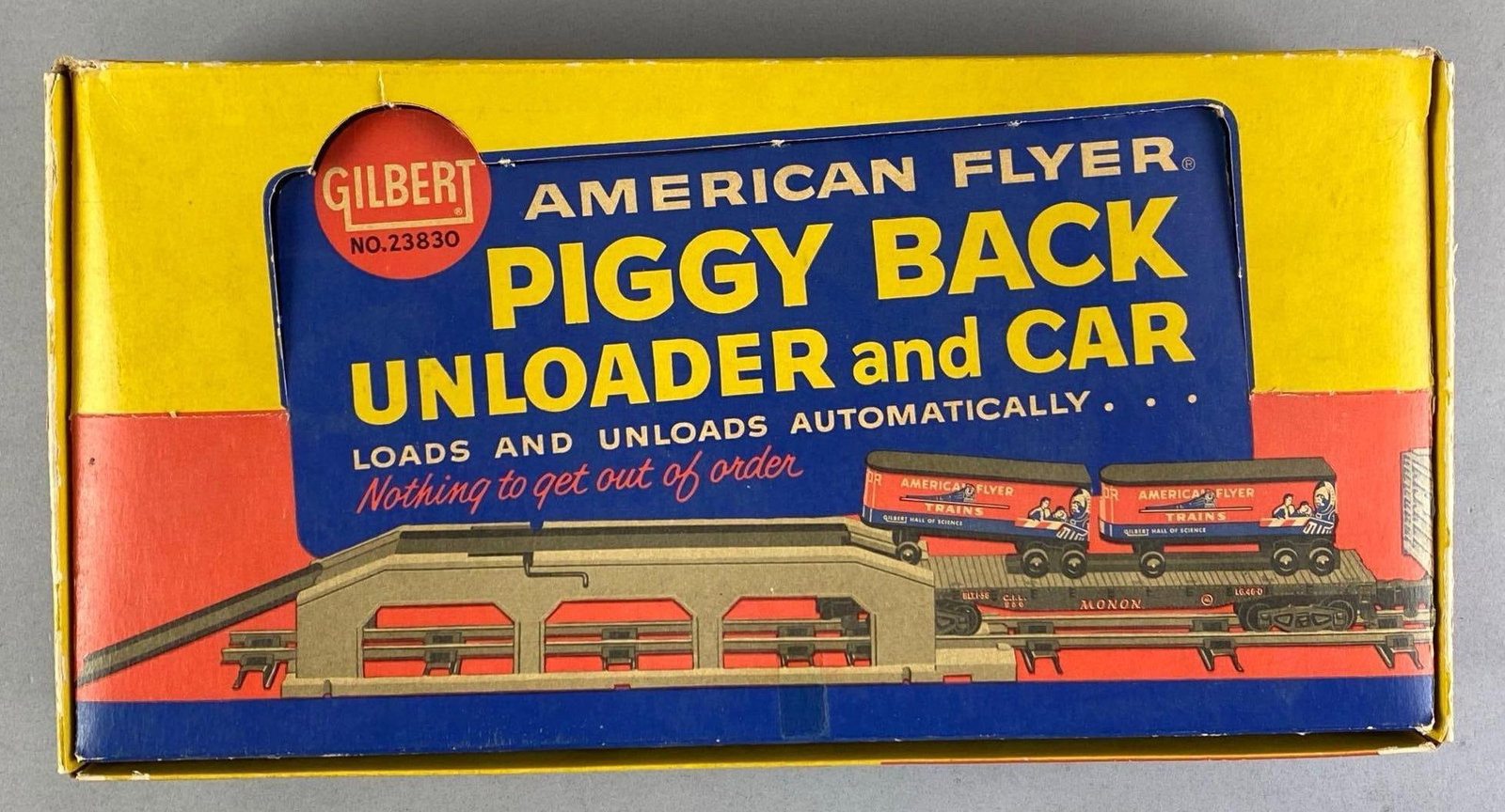 Gilbert American Flyer S Scale Piggy Back unloader and Car: Untested in original box, box measures 7 1/2 inches H x 14 1/2 inches W x 3 1/2 inches D