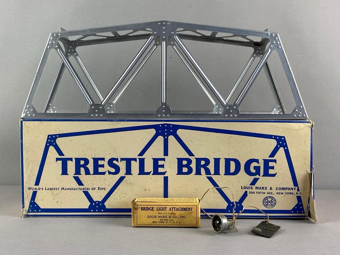 Vintage Marx Trestle Bridge: Box measures 6 1/2 inches H x 18 inches W x 5 1/2 inches D