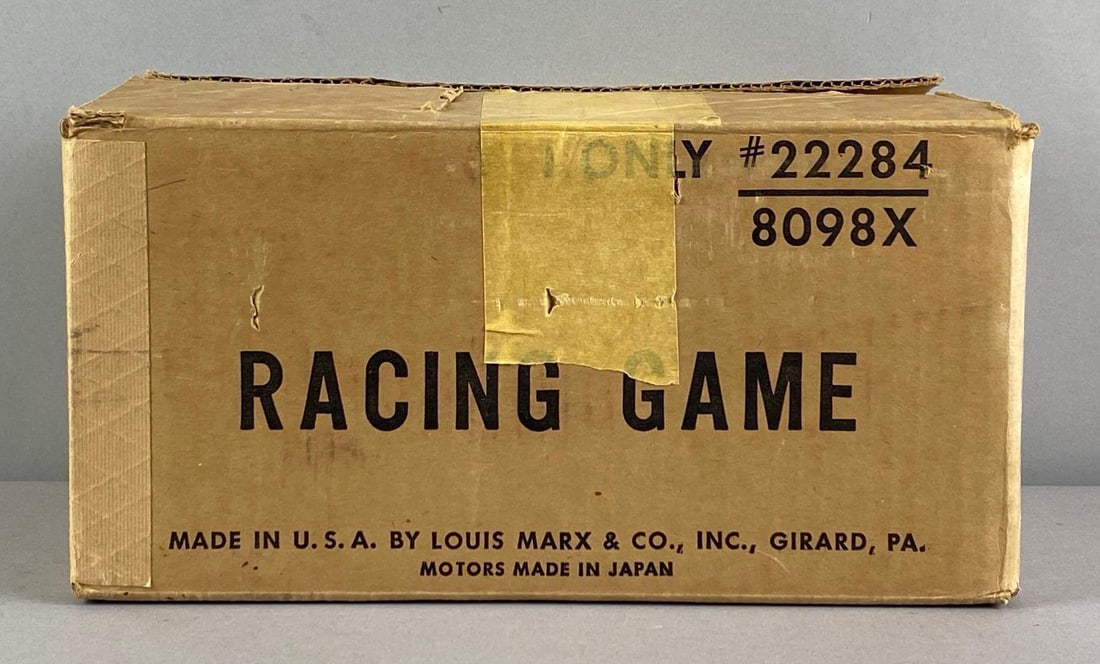 1964 Marx International Sports Racing Game: Untested in original box, box measures 6 1/2 inches H x 12 1/2 inches W x 8 inches D