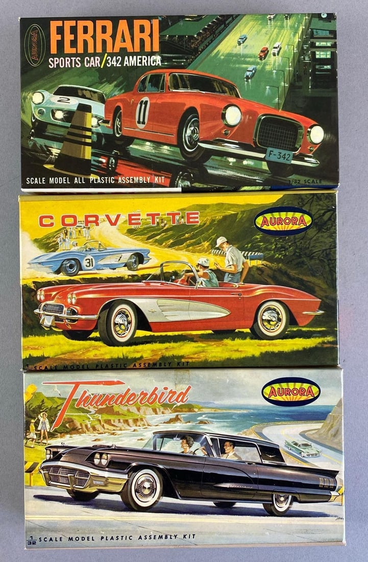 Group of 3 1960s Aurora Classic Car Plastic Model Kits: Sets seem complete, 1/32 scale, includes thunderbird, corvette and ferrari