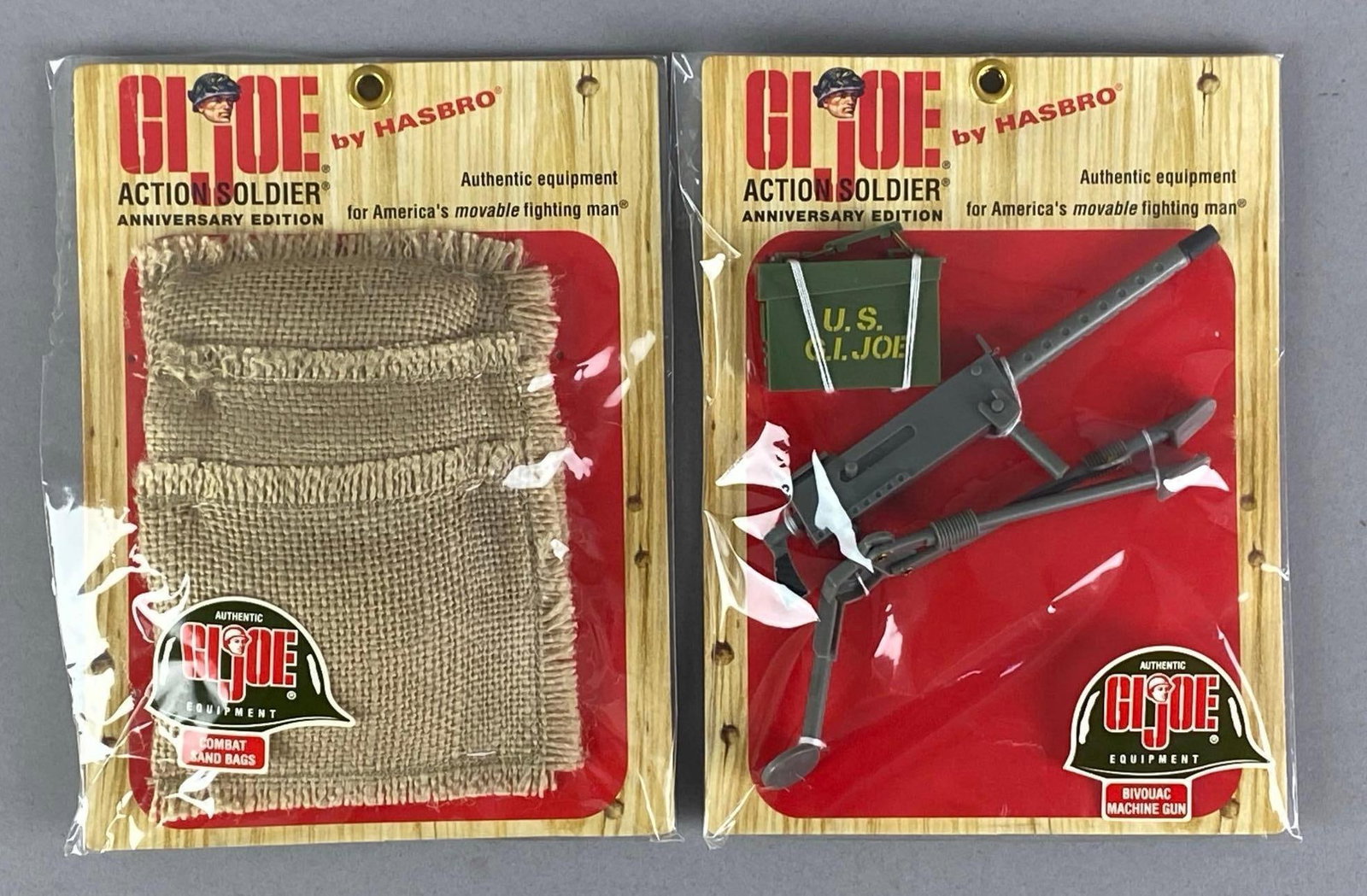 Group of 2 2003 Hasbro GI Joe Anniversary Action Figure Accessories: Includes combat sand bags and Bivouac machine gun, each measures 8 inches H x 6 inches W