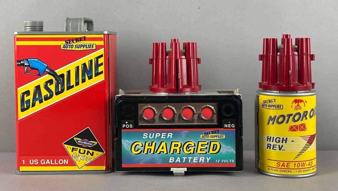 Group of 5 Galoob Micro Machine Secret Playsets: includes Gasoline Can, Super Charged Battery, motor oil and more, largest measures 9 inches H x 5 1/2 inches W x 4 1/2 inches D