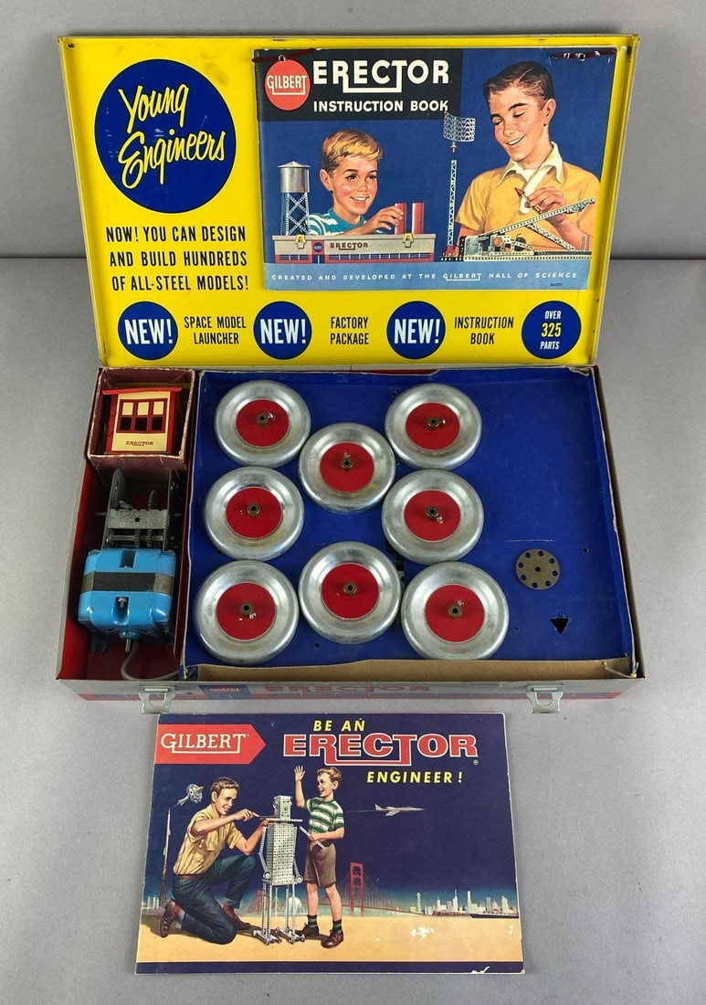1959 Gilbert Erector Rocket Launcher Building Toy Set: case measures 10 1/2 inches H x 16 1/2 inches W x 3 inches D
