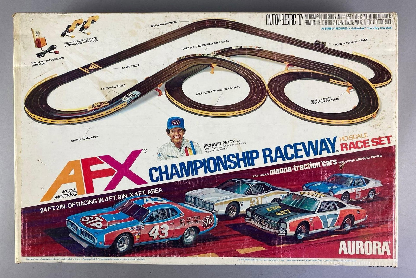 1977 Aurora AFX Championship HO Scale Slot Car Race Track Set: Untested in original box, set seems complete, 6 slot cars included, shelf wear shown, box measures 14 1/2 inches H x 22 inches W x 3 1/2 inches D