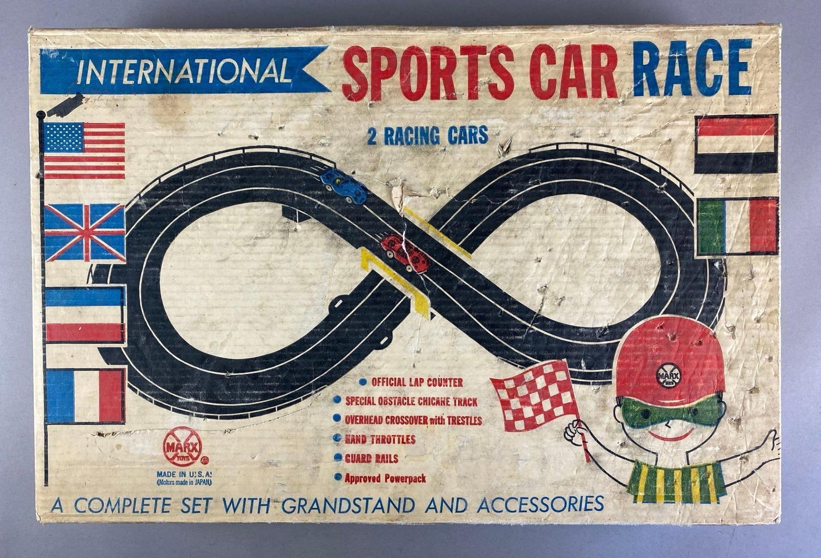 Vintage Marx International Slot Car Sports Car Race: Untested in original box, set seems complete, includes 2 original slot cars, box measures 15 1/2 inches H x 23 inches W x 3 1/2 inches D