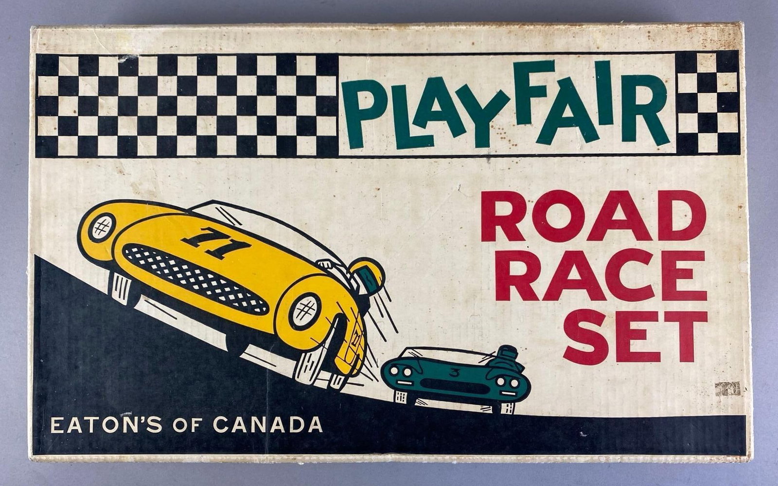 Vintage Marx Eaton Du Canada Play Fair Road Slot Car Race Set: untested in original box, set seems complete with original slot cars, Box measures 14 1/2 inches H x 23 1/2 inches W x 2 1/2 inches D