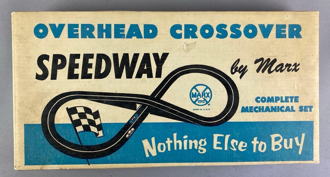 1960s Marx Overhead Crossover Speedway Mechanical Race Track Set: Complete set in working condition, includes both tin-litho cars, box measures 10 1/2 inches H x 20 1/2 inches W x 2 1/2 inches D