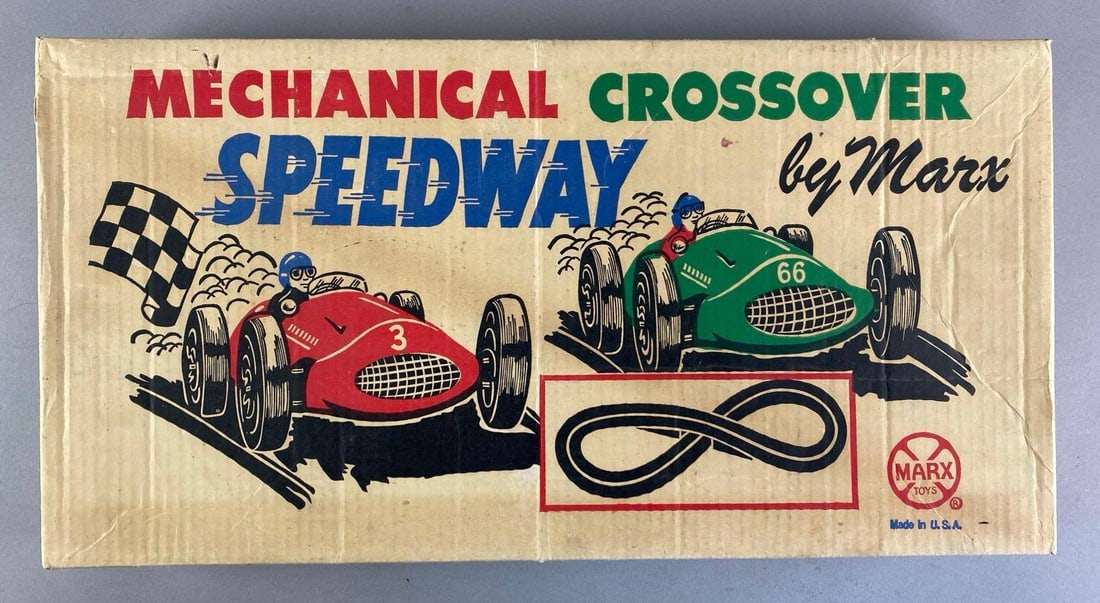 1960s Marx Mechanical Crossover Speedy Race Car Track Set: missing wind up Tin-litho cars, otherwise Complete set, box measures 10 3/4 inches H x 20 3/4 inches W x 2 1/2 inches D