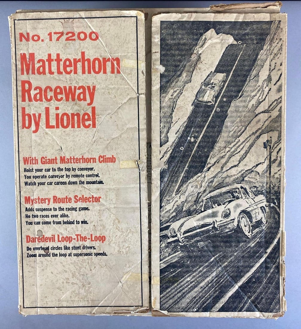 1966 Lionel Matterhorn Raceway Slot Car Race Track set: Untested in original box, set seems complete, includes 3 slot cars, box measures 19 inches H x 16 inches W x 7 inches D