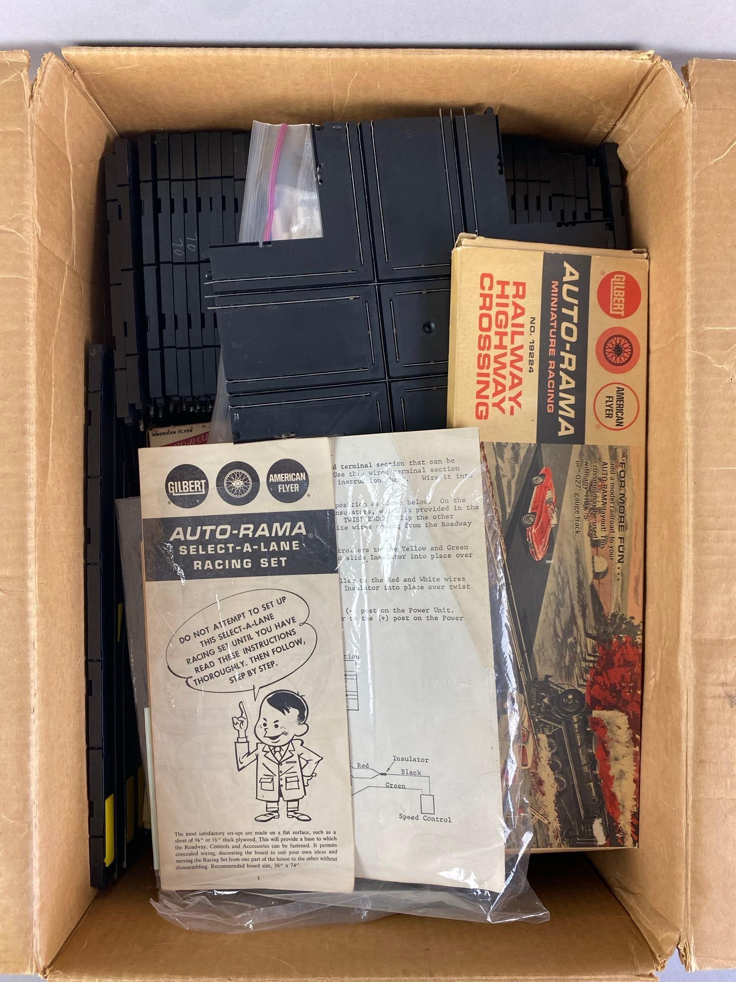 Gilbert American Flyer Auto-Rama Select-A-Lane Racing Set: Unknown set completion, in non original box, largest shown measures 5 inches H x 15 inches W