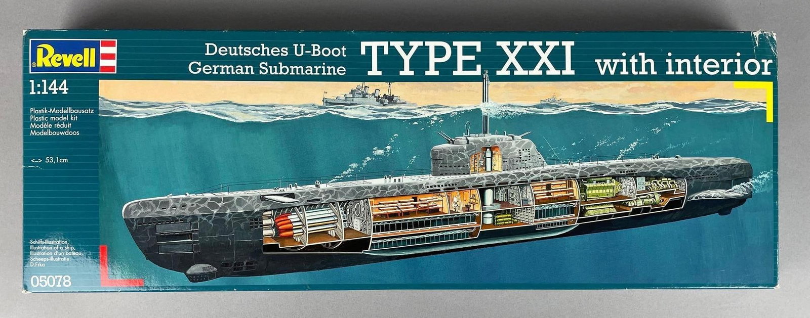 Revell Type XXI German U-Boat Submarine Model Kit: 1/144 scale, original packaging measures 7 3/4 inches x 22 inches x 2 inches