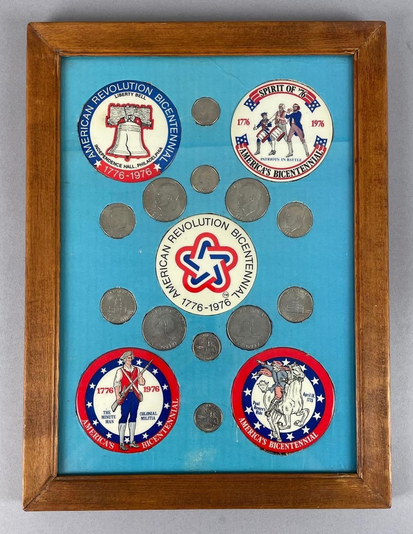 1976 American Revolution Bicentennial Coin and Button Set: Frame measures 16 inches x 12 inches