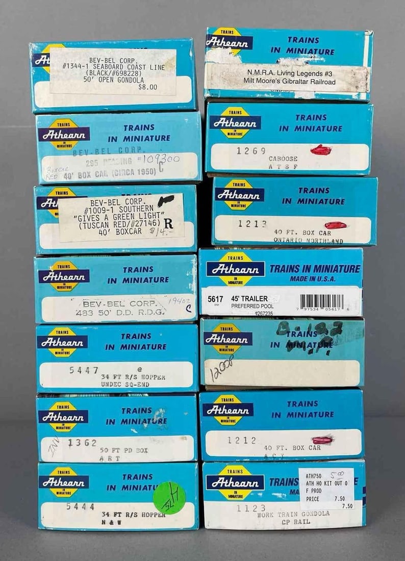 Group of Athearn HO Scale Freight Train Cars: Includes hoppers, caboose, gondola
