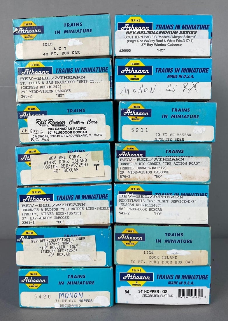 Group of Athearn HO Scale Freight Train Cars: Includes boxcars, caboose