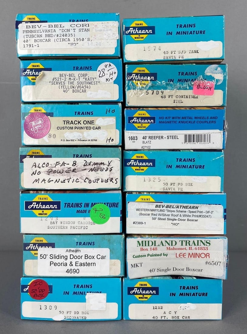 Group of Athearn HO Scale Freight Train Cars: Includes alco dummy engine, boxcars