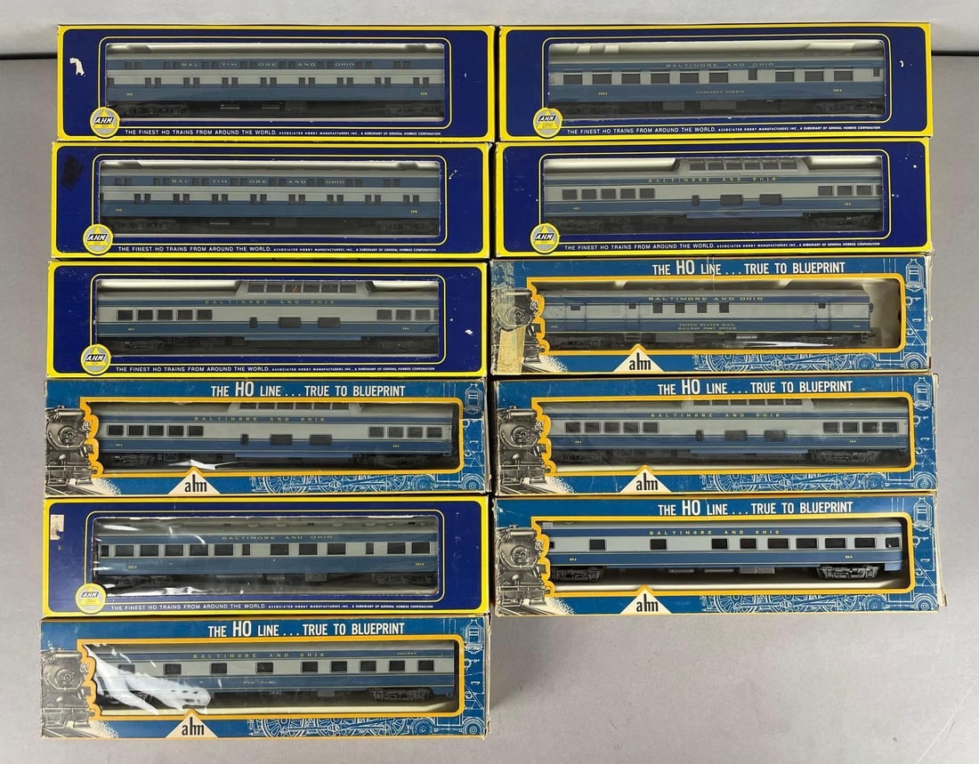 Group of AHM HO Scale B and O Passenger Train Cars: Includes observation, sleeper