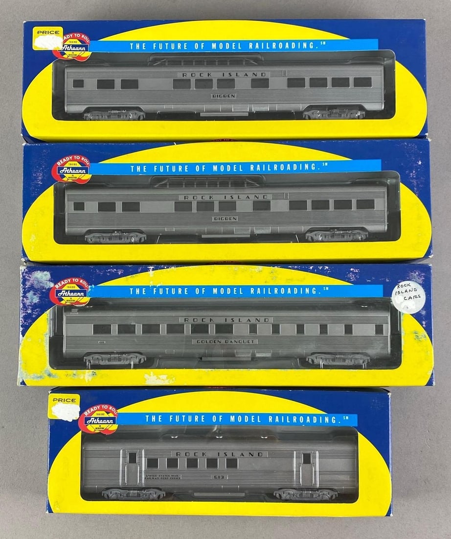 Group of 4 Athearn HO Scale Rock Island Passenger Train Cars: In original boxes, diner, 2 vista dome and RPO, longest each measure 12 1/2 inches W