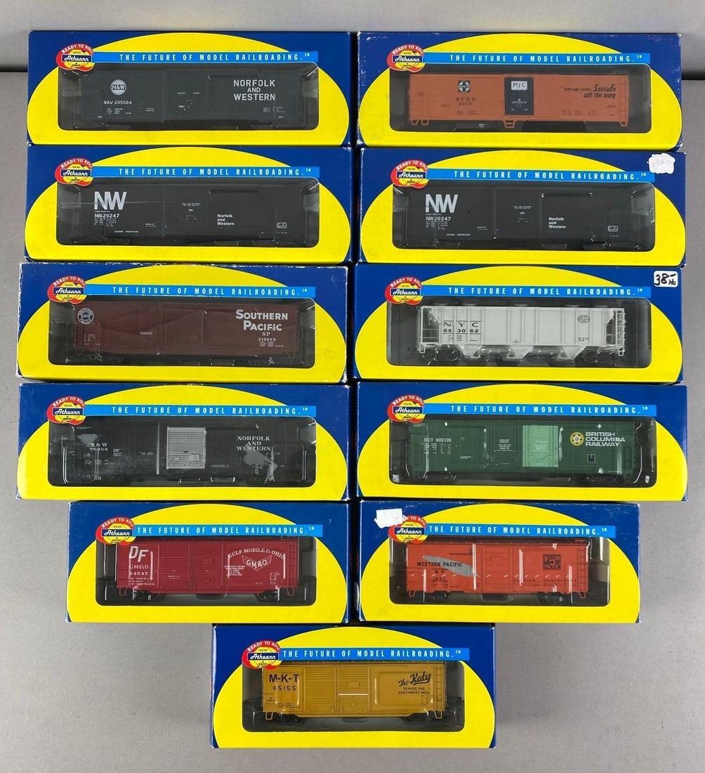 Group of Assorted Athearn HO Scale Train Cars: In original boxes, includes BC Rail boxcar, NYc Hopper, SP boxcar and more, largest each measures 10 1/4 inches W