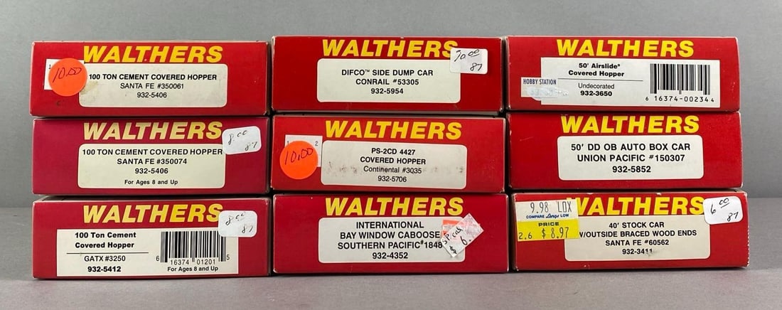 Group of Assorted Walthers HO Scale Train Cars: some sealed, Difco Dump Car, Airslide Hopper, santa fe hopper and more, each box measures 9 1/2 inches W