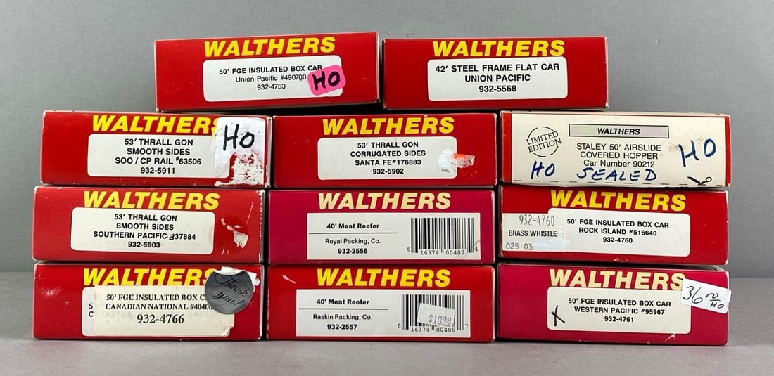 Group of Assorted Walthers HO Scale Train Cars: In original boxes, includes Airslide Hopper, UP Flat Car, Santa Fae Boxcar and more, each measures 9 1/2 inches W